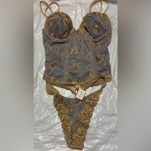 Victoria's Secret Other - Victoria's Secret Gray and Gold Embroidered Lace corsé Bodysuit
